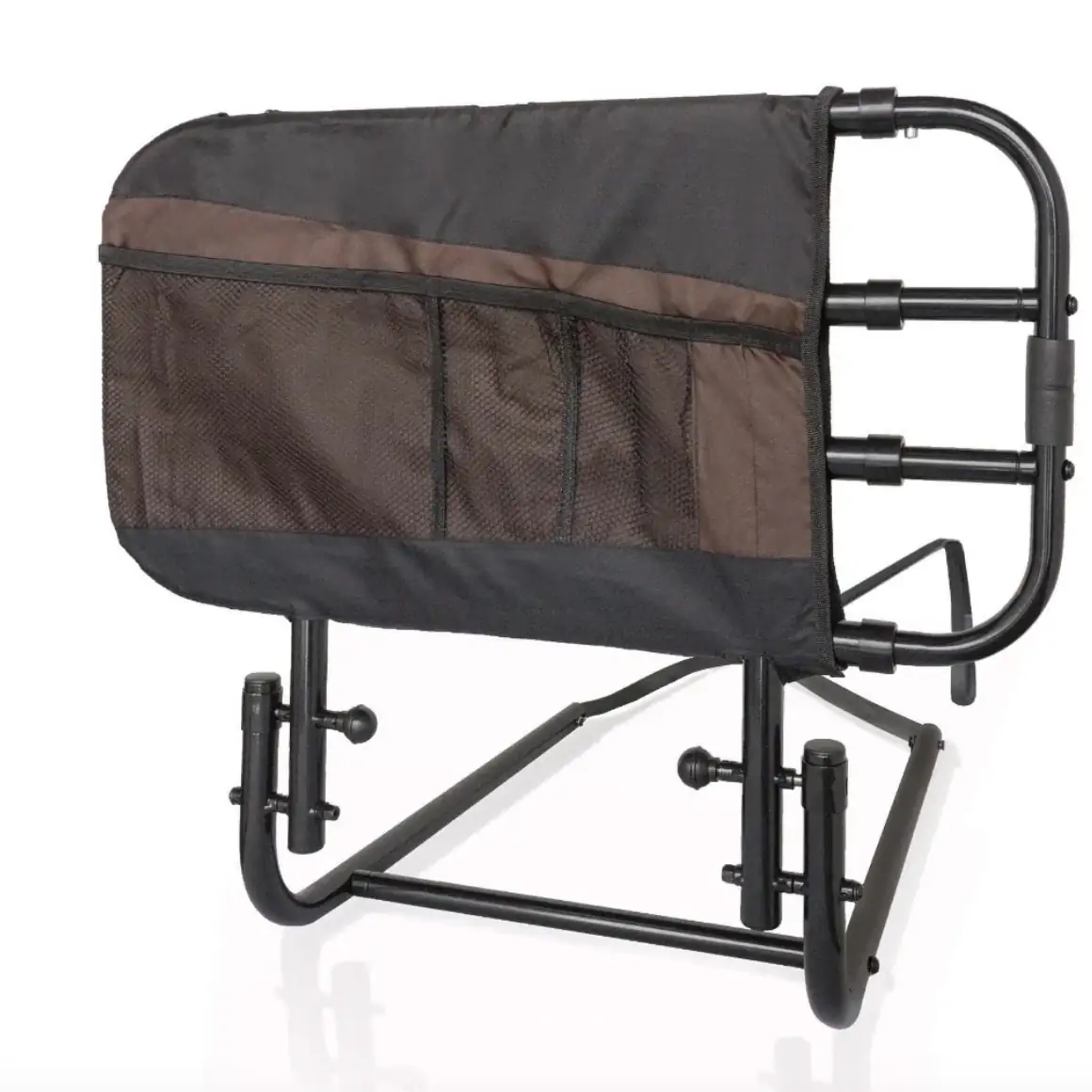 Adjustable bed safety rail with storage pouch