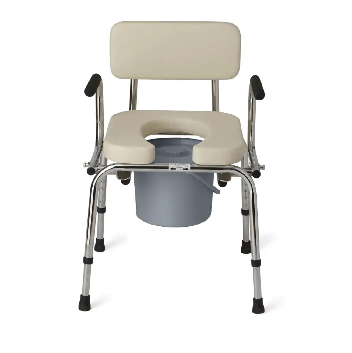Bedside commode with padded seat, backrest and arm rests
