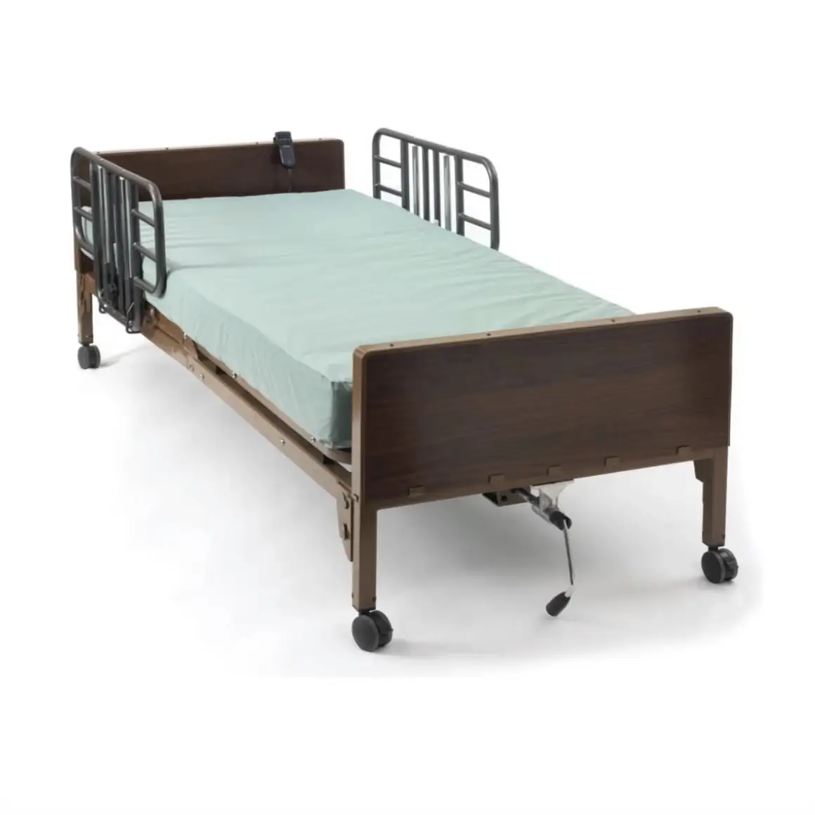 Electric twin hospital bed with side rails and mattress