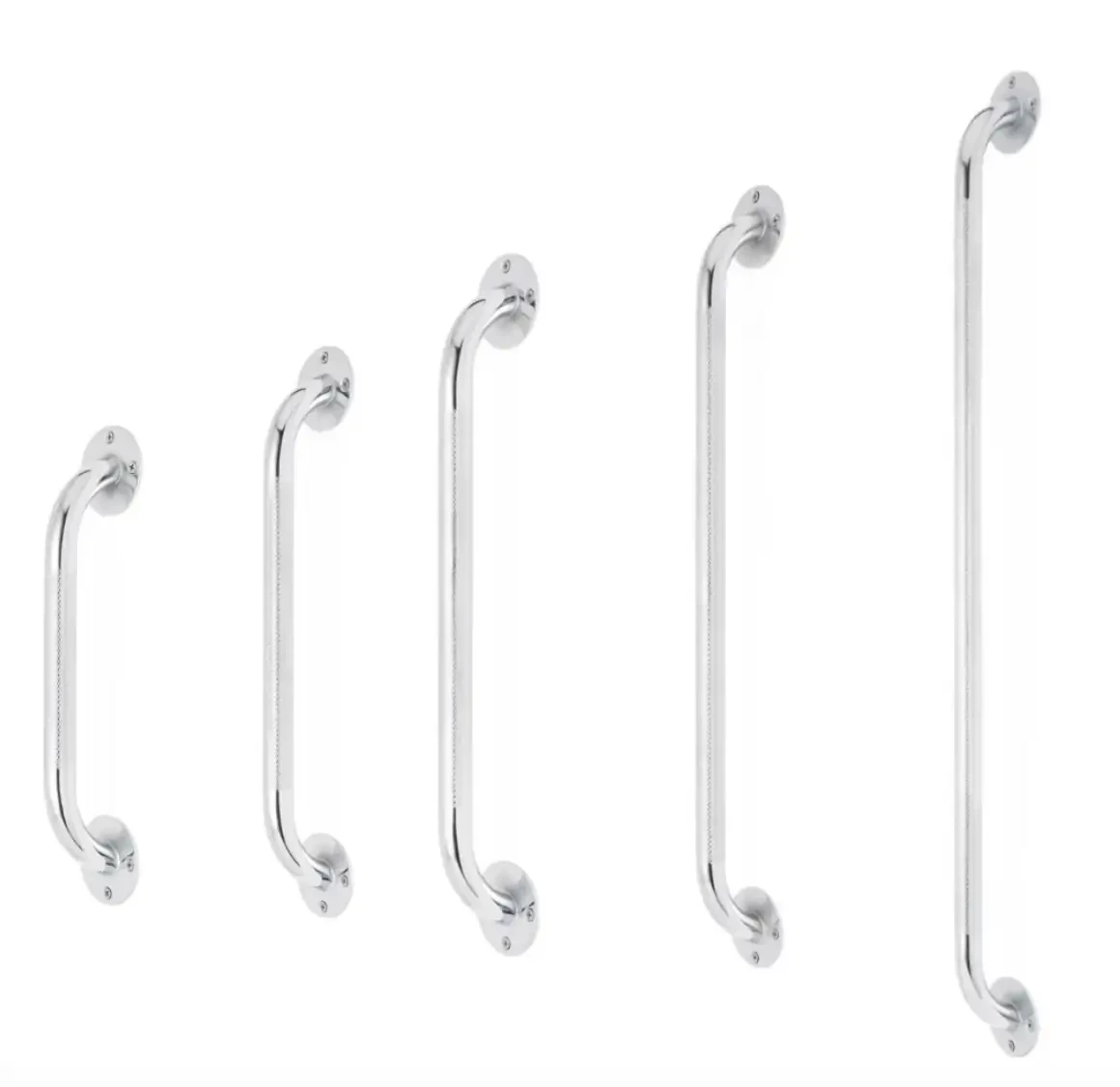 Chrome wall-mounted grab bars in five lengths