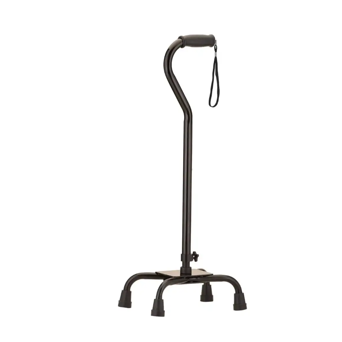 Four-prong quad cane with offset handle and wrist strap