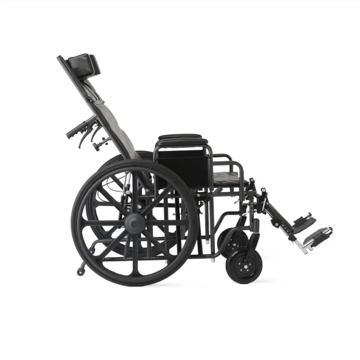 Reclining wheelchair with headrest and elevating leg rests, shown reclined