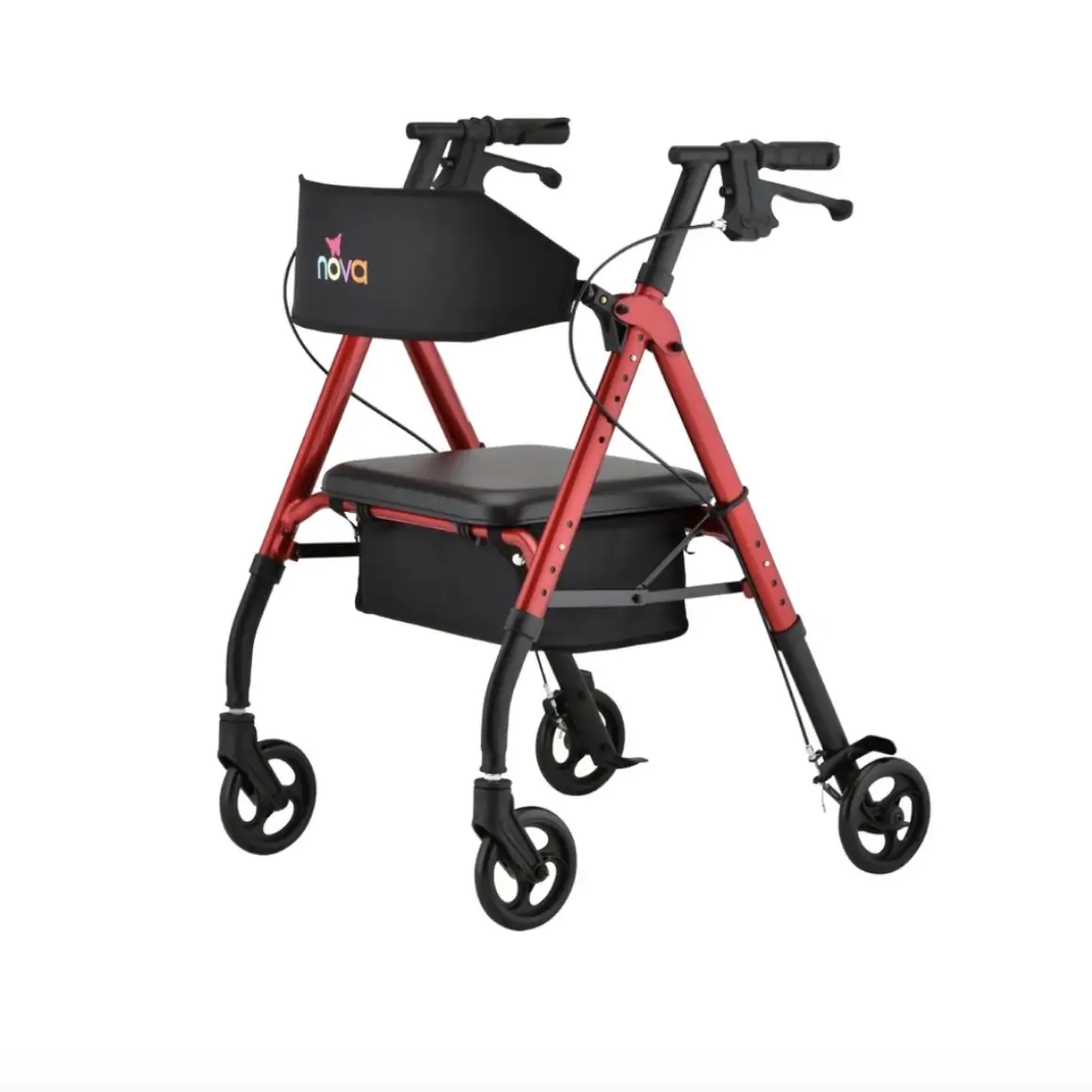 Four-wheel rollator walker with padded seat, backrest and hand brakes