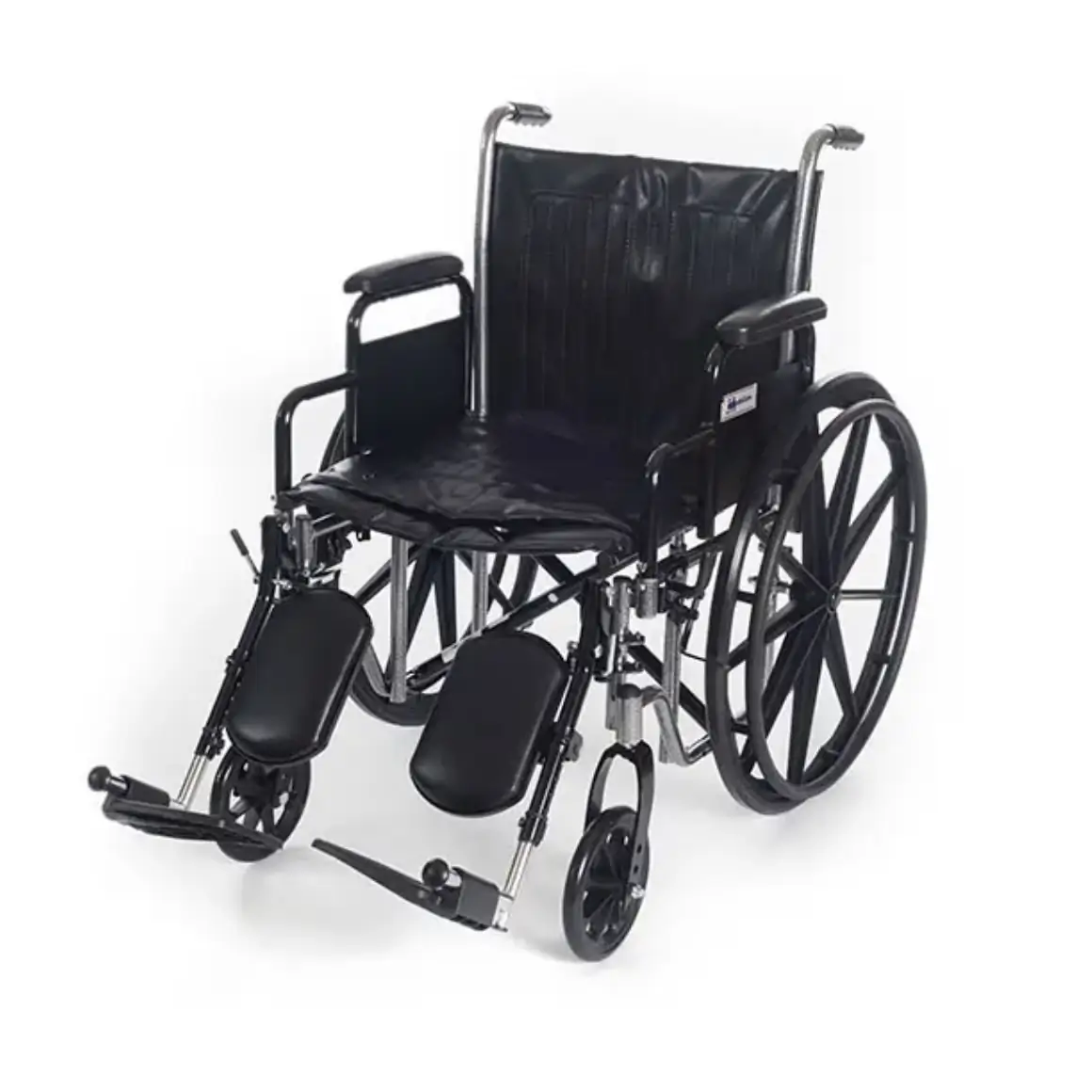 Standard black wheelchair with large rear wheels and elevating leg rests