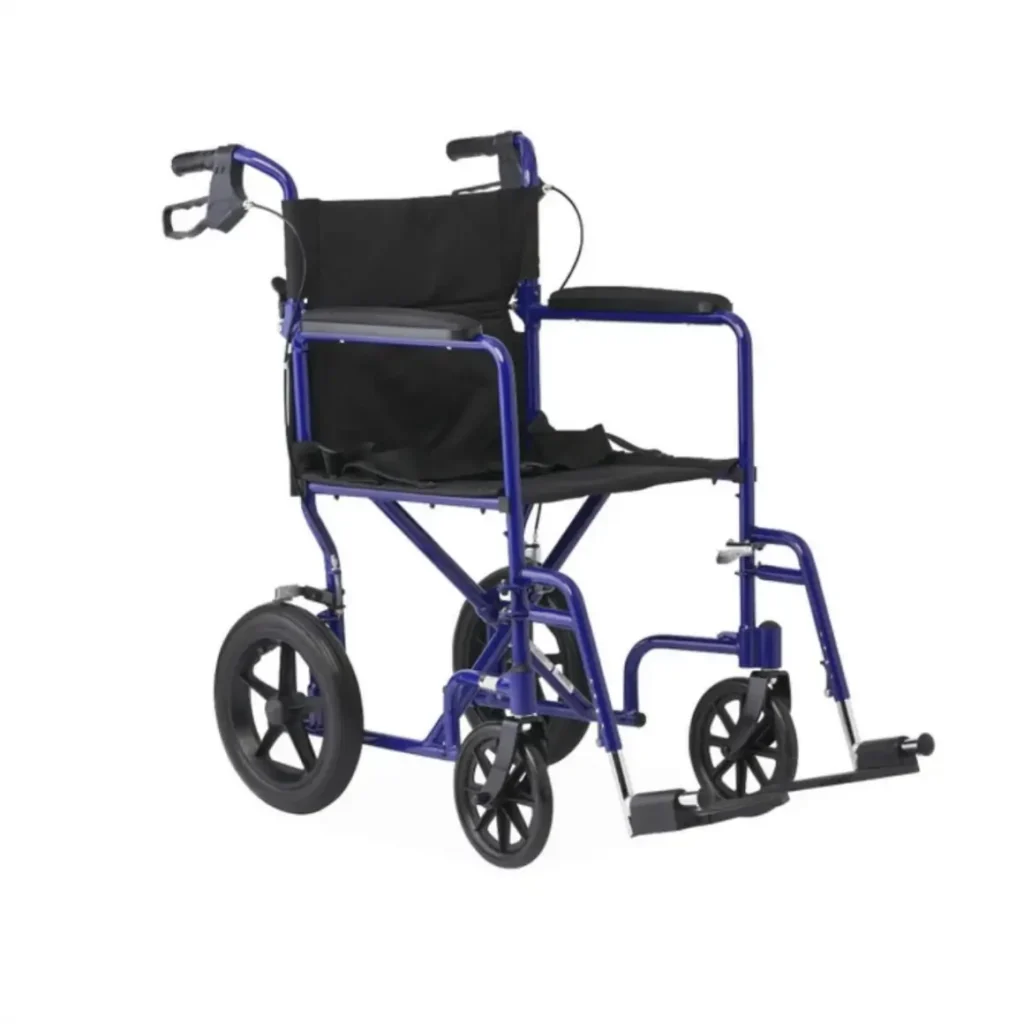 Ventura Lion's Club Medical Equipment Lending Closet Lightweight blue transport wheelchair with companion hand brakes