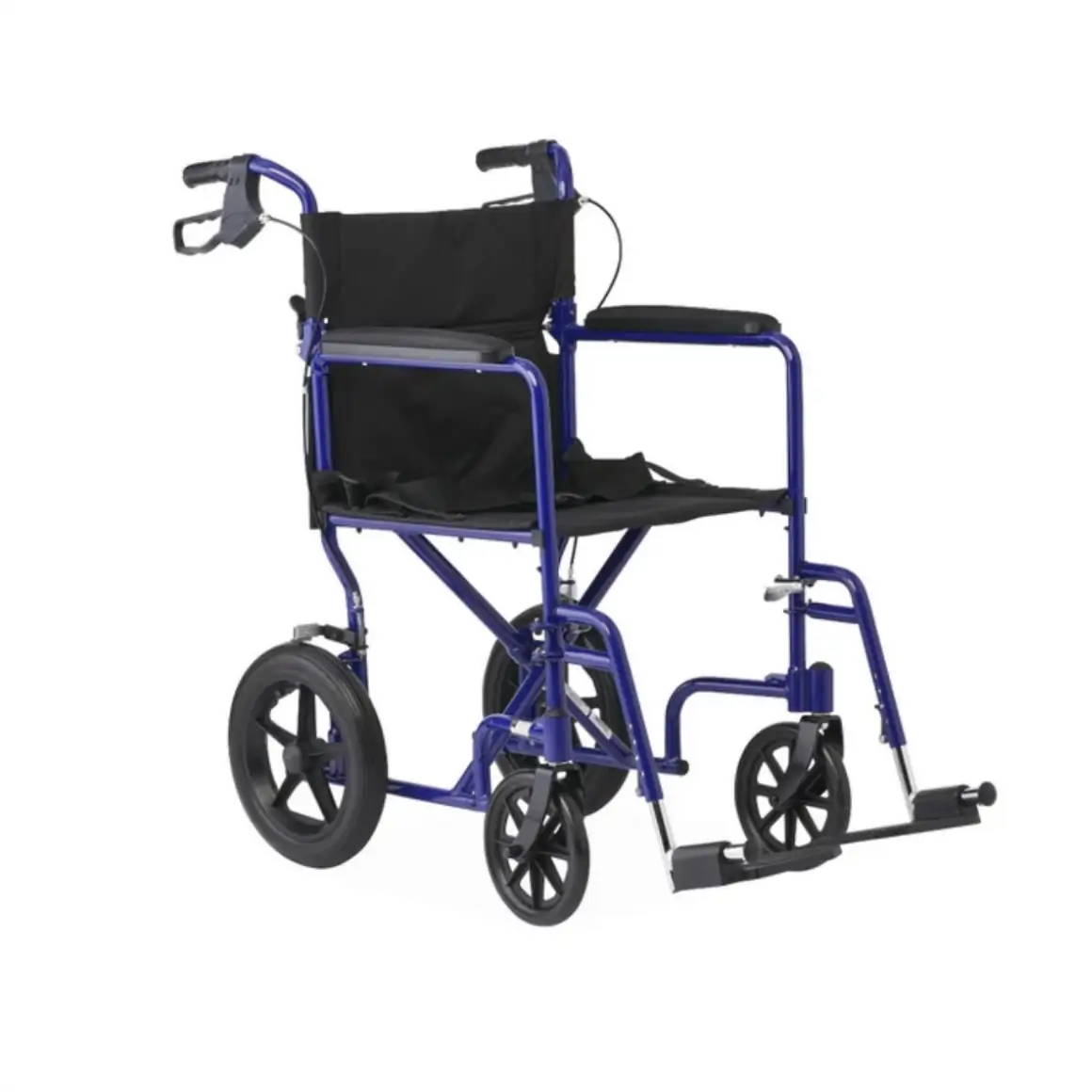 Lightweight blue transport wheelchair with companion hand brakes
