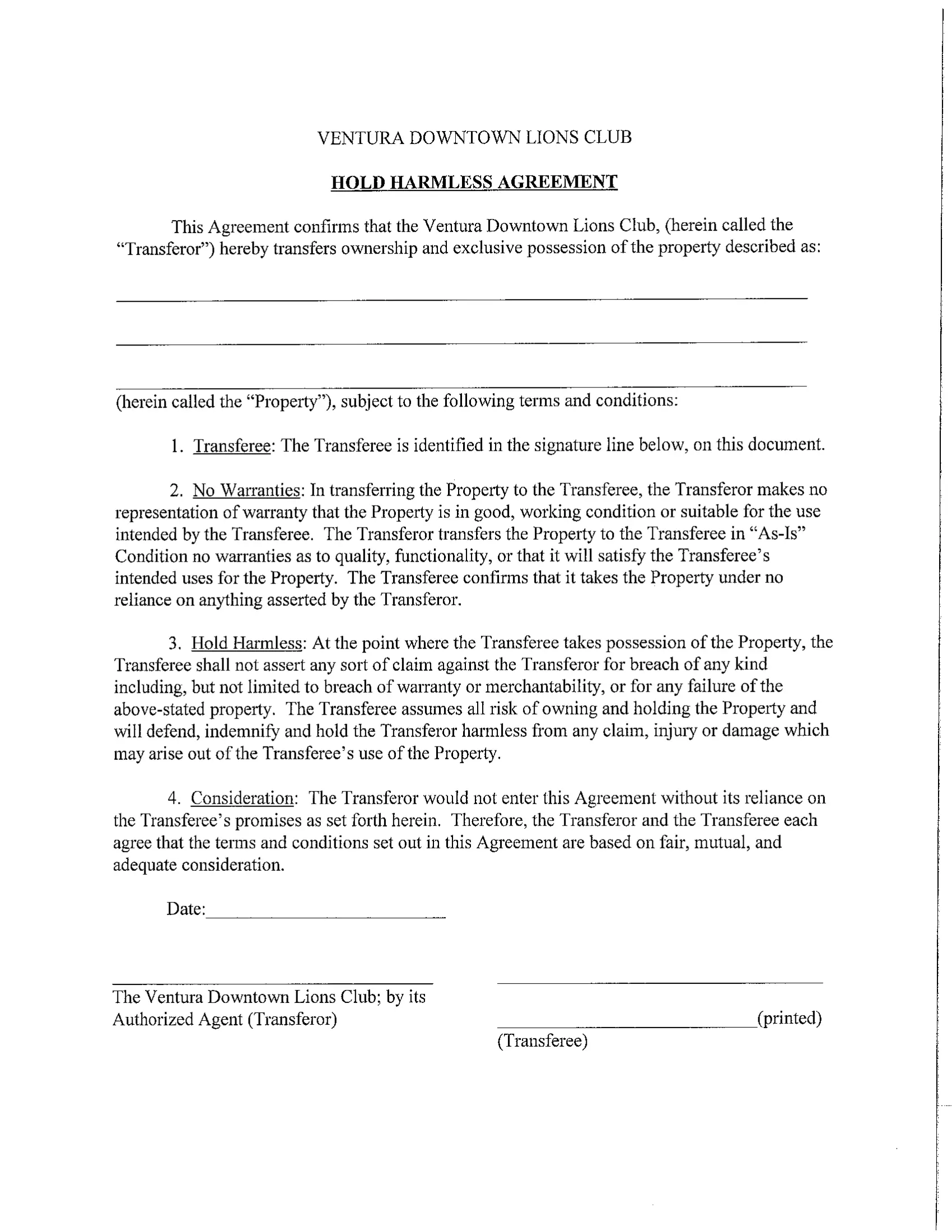 Page one of the Ventura Downtown Lions Club hold harmless agreement form